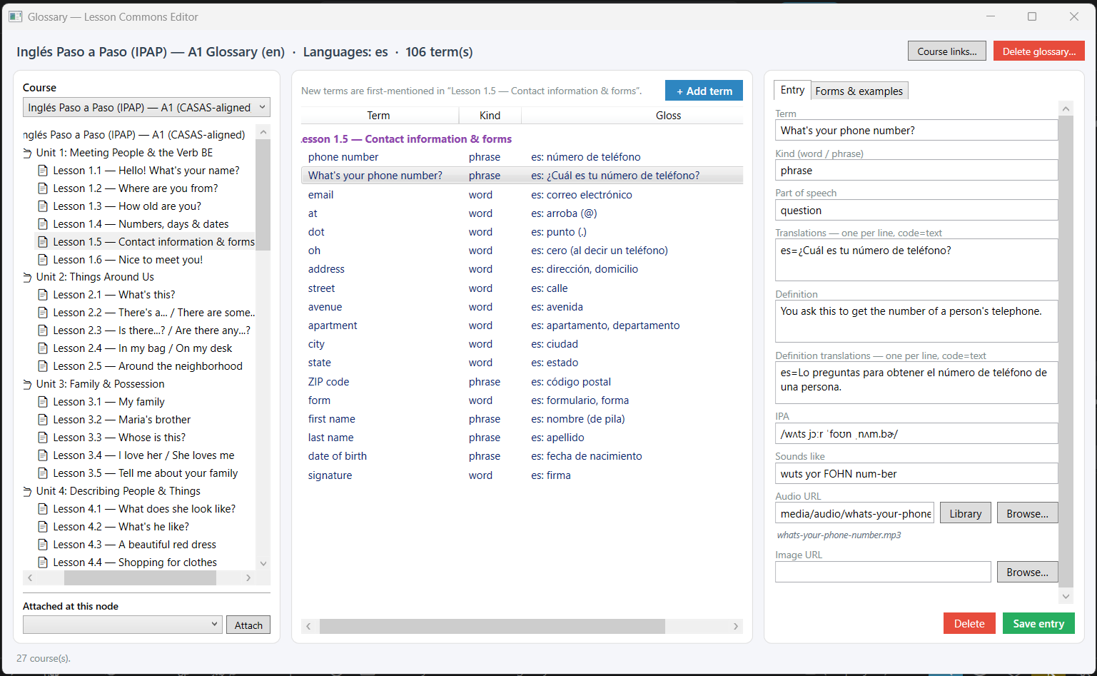 The Lesson Commons Editor's Glossary window: the course tree on the left, the term list for one lesson in the middle with each term's kind and gloss, and the entry editor on the right with fields for translations, definition, part of speech, IPA, a sounds-like respelling, audio and image.